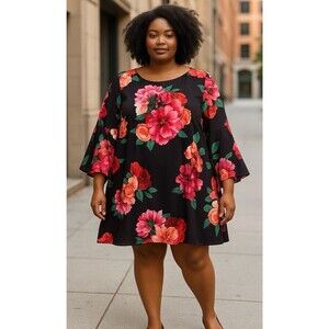 JESSICA HOWARD Dress Size 18W Navy Blue Pink Floral Chiffon Bell Sleeve Lined‎